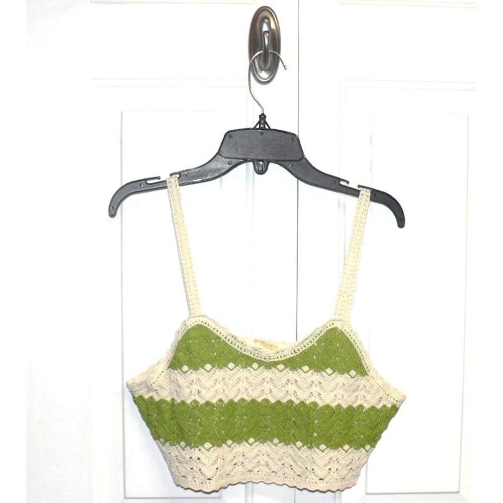Rebellion Again Womens Crochet Sleeveless Lined Crop Top in Green & Ivory XSmall